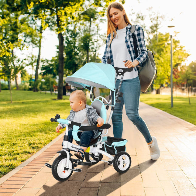 Children's Tricycle with Push Bar, Canopy, Storage – Green