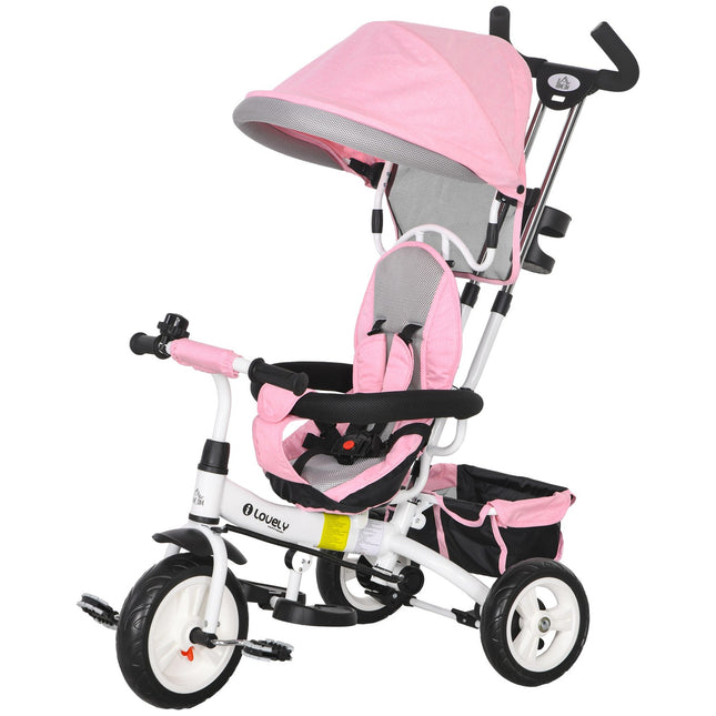 Children's Tricycle with Push Bar, Canopy, Storage, Pink