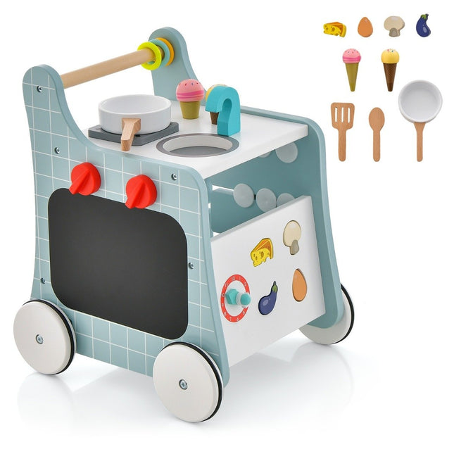 6 in 1 wooden baby walker with play kitchen & learning clock & shape adjustment & baby walker blue