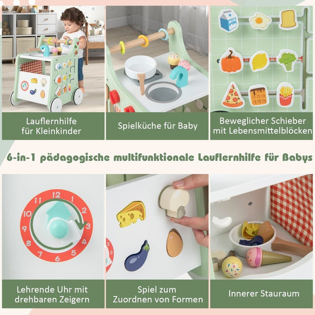 6 in 1 wooden baby walker with play kitchen & learning clock & shape adjustment & movable slider green