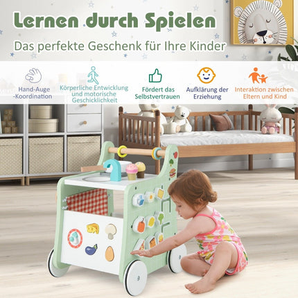 6 in 1 wooden baby walker with play kitchen & learning clock & shape adjustment & movable slider green
