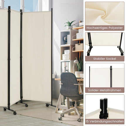 6-part foldable room divider 172 cm high privacy screen with lockable wheels beige