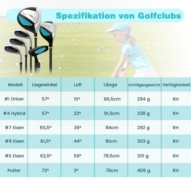 6-piece children's golf club set with golf bag and rain cover for children aged 11-13 years blue