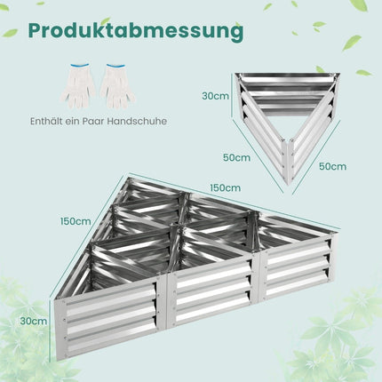 6-piece metal planter box set for vegetables triangular raised bed 150 x 150 x 30 cm silver