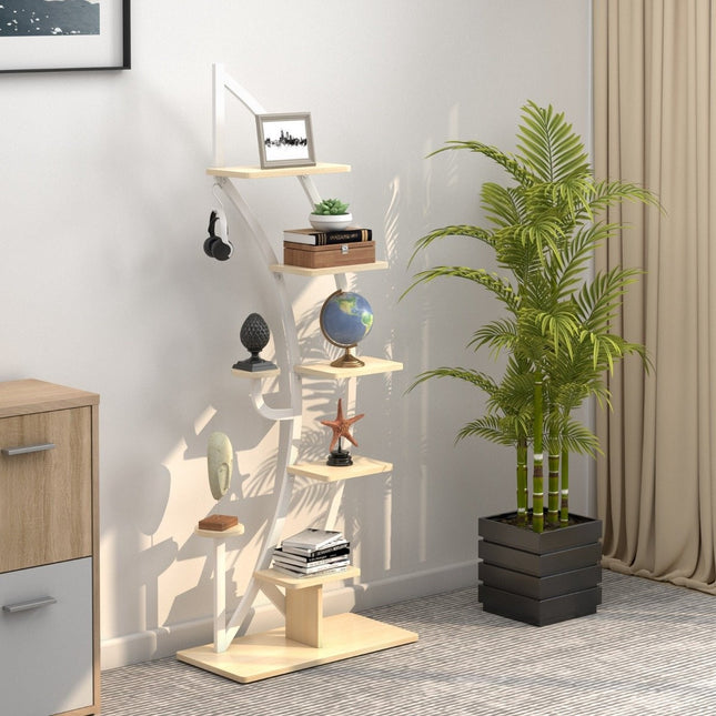 6-tier metal plant stand in half-moon shape with 2 small shelves & hooks white