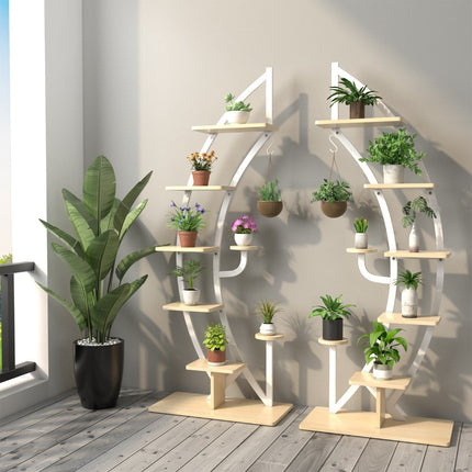 6-tier metal plant stand in half-moon shape with 2 small shelves & hooks white