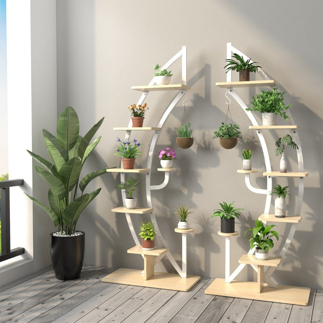 6-tier metal plant stand in half-moon shape with 2 small shelves & hooks white