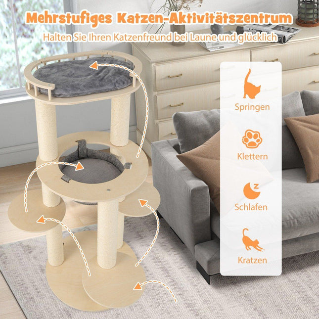 6-tier wooden cat tree with hammock & 4 lying surfaces & 3 scratching posts 66 x 66 x 150 cm