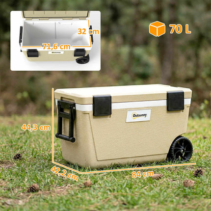 70L Cooler Box with Wheels, 72-Hour Insulation, Drain Valve