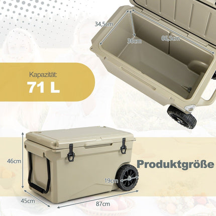 71L Insulated Box with Bottle Opener & Handle & Wheels Portable Cooler Box Heat Container Khaki