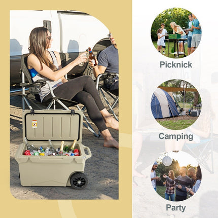 71L Insulated Box with Bottle Opener & Handle & Wheels Portable Cooler Box Heat Container Khaki