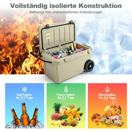 71L Insulated Box with Bottle Opener & Handle & Wheels Portable Cooler Box Heat Container Khaki