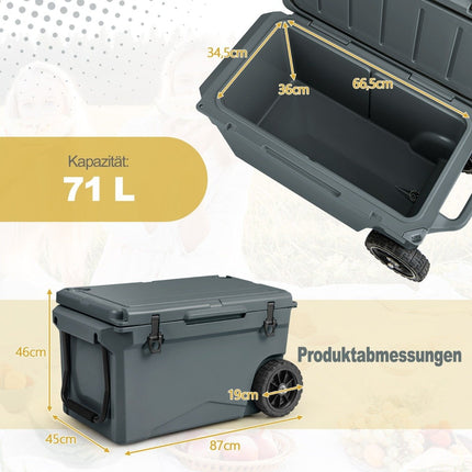 71L Insulated Box with Bottle Opener & Handle & Wheels Portable Cooler Heat Container Gray