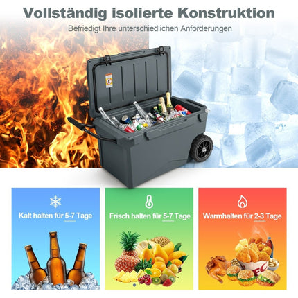 71L Insulated Box with Bottle Opener & Handle & Wheels Portable Cooler Heat Container Gray