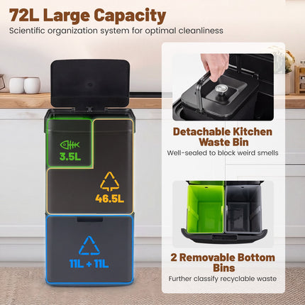 72L Stainless Steel Sensor Bin with Recycling Compartments