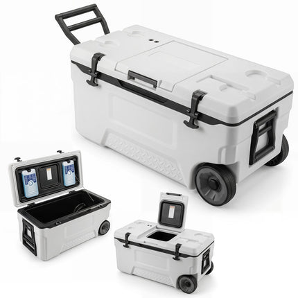 74 Quart Rolling Cooler with Fish Ruler, White