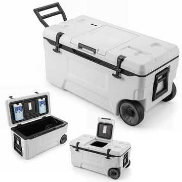 74 Quart Rolling Cooler with Fish Ruler, White