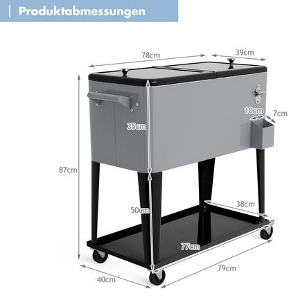 76L refrigerator trolley with shelf & bottle opener serving trolley cool box with wheels cooling container silver