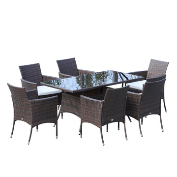 7-piece brown poly rattan garden dining set with cushions