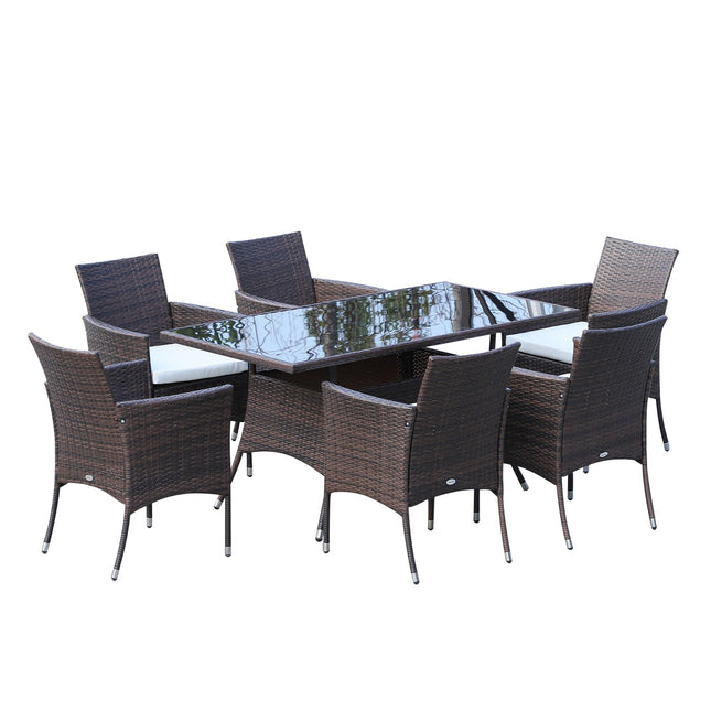 7-piece brown poly rattan garden dining set with cushions
