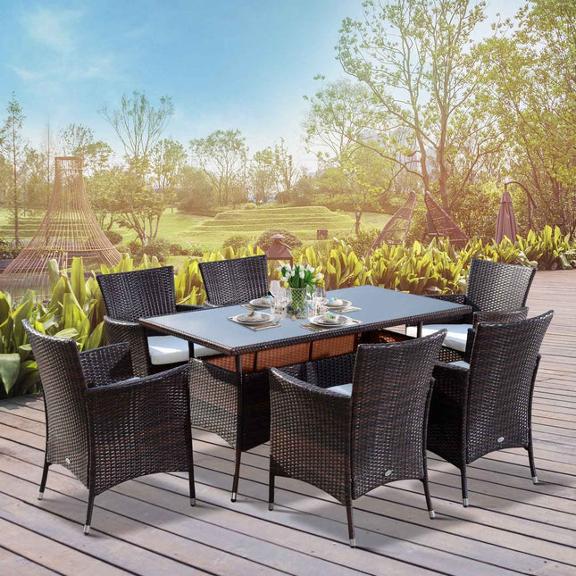 7-piece brown poly rattan garden dining set with cushions