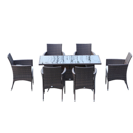 7-piece brown poly rattan garden dining set with cushions