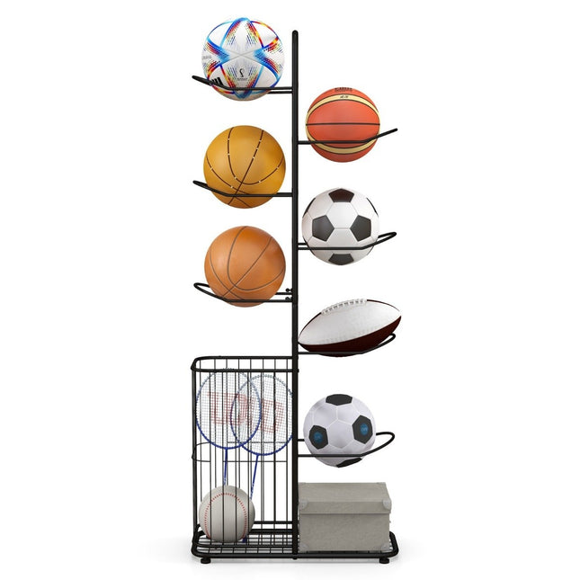 7 Tier Ball Storage Rack with Removable Hanging Rods & Eye Storage Basket