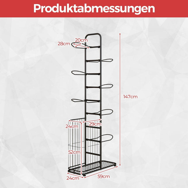 7 Tier Ball Storage Rack with Removable Hanging Rods & Eye Storage Basket