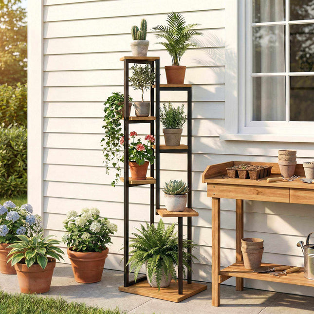 7-Tier Plant Stand, 130 cm Tall, Wood and Steel