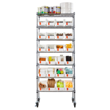 7-Tier Rolling Bin Storage Rack, 24 Bins, Wheels