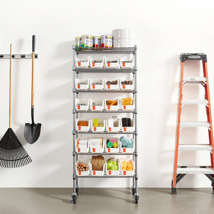 7-Tier Rolling Bin Storage Rack, 24 Bins, Wheels