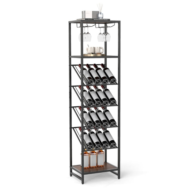 7-Tier Wine Rack with Glass Holders and Shelves, Black