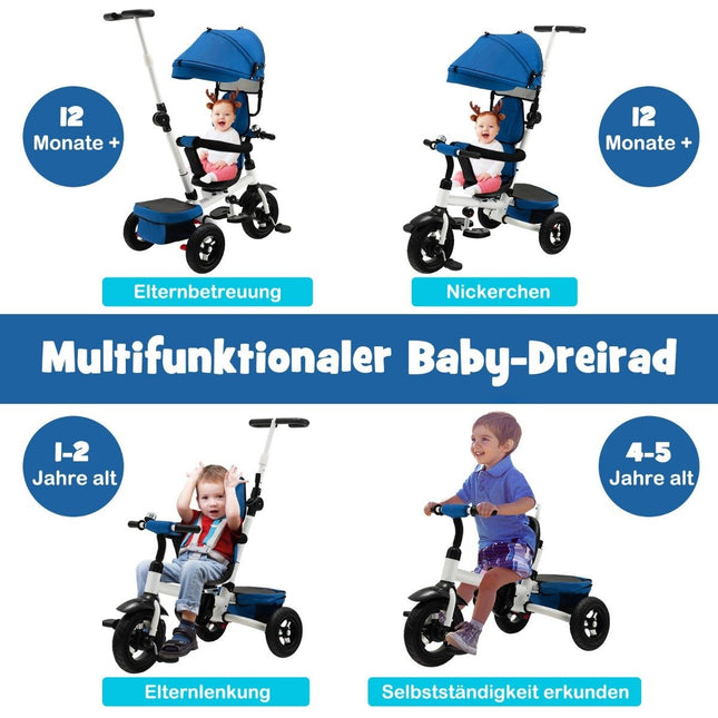 7 in 1 children's tricycle with reversible seat & adjustable canopy & push handle balance bike blue