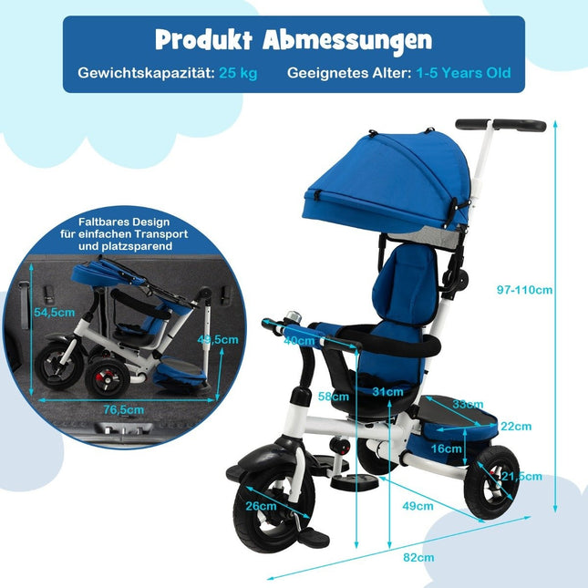 7 in 1 children's tricycle with reversible seat & adjustable canopy & push handle balance bike blue