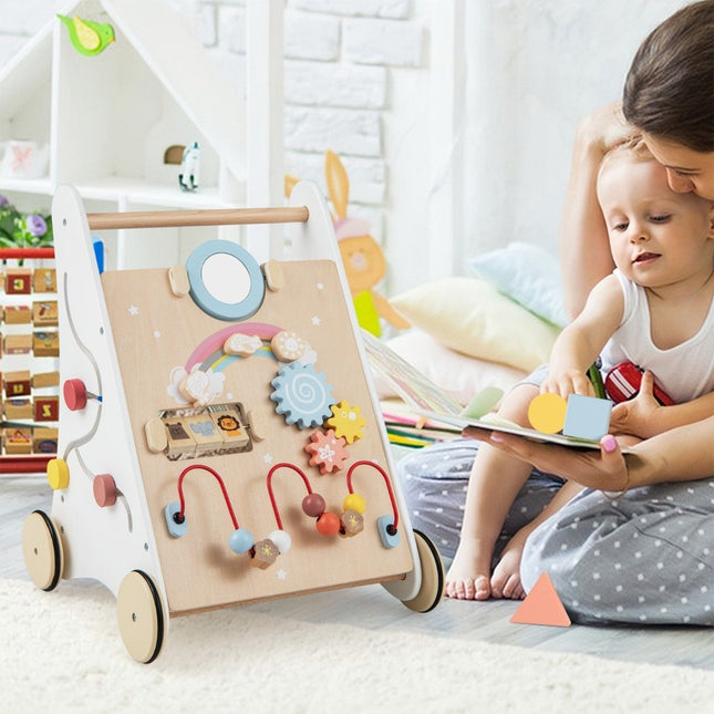 7 in 1 wooden baby walker with game board & mirror & building blocks & storage box baby walker