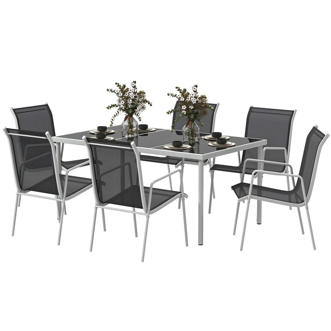 Dining room set for 6 with glass table and stackable chairs