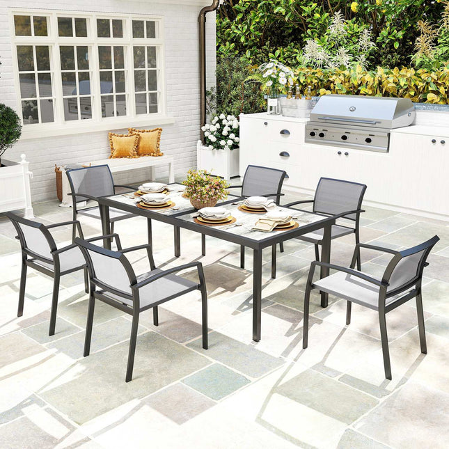 7-piece outdoor dining set - Stackable steel chairs