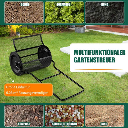 80L Compost Spreader with U-Handle & Mesh Basket Peat Spreader Fertilizer Spreader Composter Black