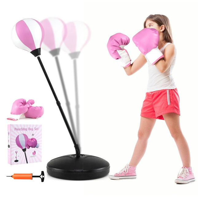 81-123,5 cm in hoogte verstelbare boksbal incl. bokshandschoenen & handpomp kinderboksset roze