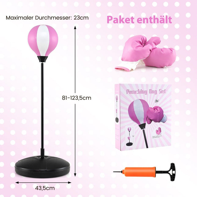 81-123,5 cm in hoogte verstelbare boksbal incl. bokshandschoenen & handpomp kinderboksset roze