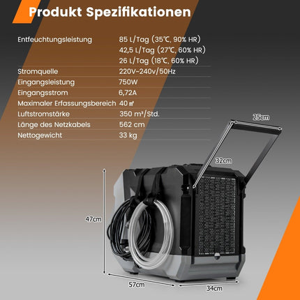 85 L/Day Commercial Dehumidifier with Pump & Drain Hose & 24H Timer Construction Dryer Black