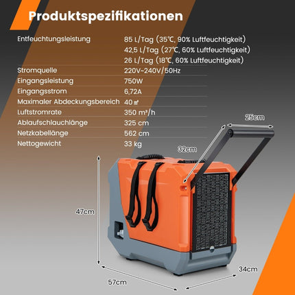 85 L/day dehumidifier construction dryer with pump & drain hose industrial drying device with 24H timer orange + gray