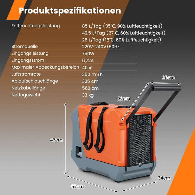 85 L/day dehumidifier construction dryer with pump & drain hose industrial drying device with 24H timer orange + gray