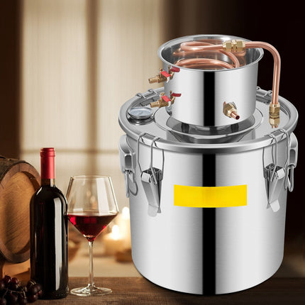 8 gallon (ca. 30 liter) roestvrijstalen alcoholstoker, koperen spiraal, thermometer