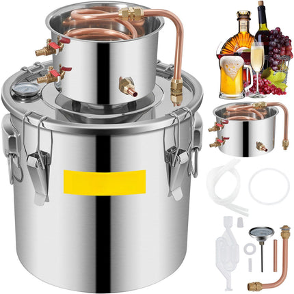 8 gallon (ca. 30 liter) roestvrijstalen alcoholstoker, koperen spiraal, thermometer