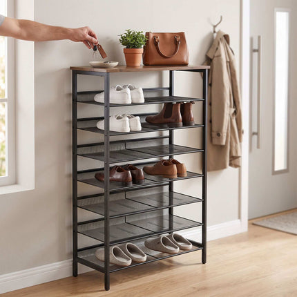 8-Tier Metal & MDF Shoe Rack, Brown