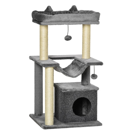 Cat climbing tree with hammock, plush sisal, 90 cm, grey