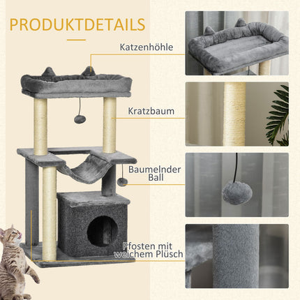 Cat climbing tree with hammock, plush sisal, 90 cm, grey