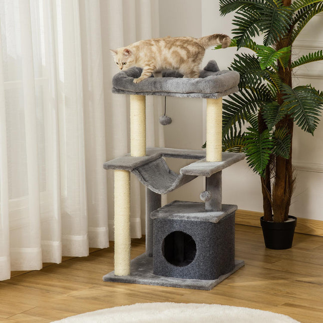 Cat climbing tree with hammock, plush sisal, 90 cm, grey
