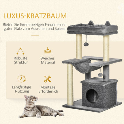 Cat climbing tree with hammock, plush sisal, 90 cm, grey